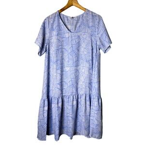 Michelle McDowell Blue White Geometric Hatch Drop Waist Shift Dress Womens L